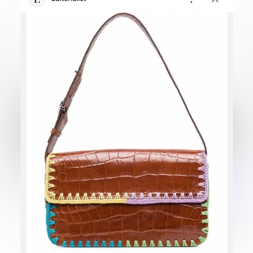 STAUD Brown Croc-Embossed Shoulder Bag with Multicolor Trim